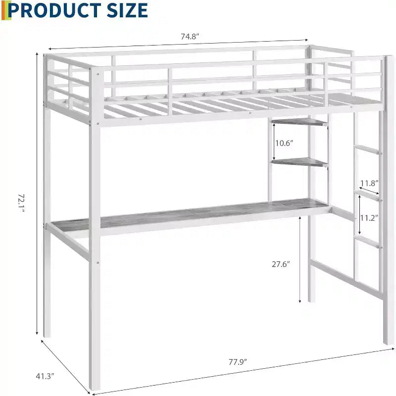 Lit mezzanine une place avec bureau et étagères de rangement, lit en métal robuste avec lattes en acier et échelle pour enfants et adultes, barrière de sécurité, gain de place