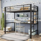 Twin Size Loft Bed with Desk and Storage Shelves, Sturdy Metal Bed with Steel Slats and Ladder for Kids and Adults, Safety Guardrail, Space Saving