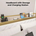 Cadre de lit avec 2 tiroirs de rangement, cadre de lit LED avec tête de lit de rangement et station de charge, cadre de lit plateforme en métal, pas besoin de sommier tapissier, sans bruit