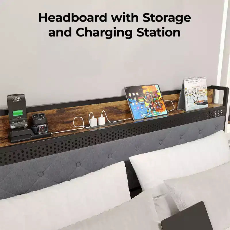 Cadre de lit avec 2 tiroirs de rangement, cadre de lit LED avec tête de lit de rangement et station de charge, cadre de lit plateforme en métal, pas besoin de sommier tapissier, sans bruit