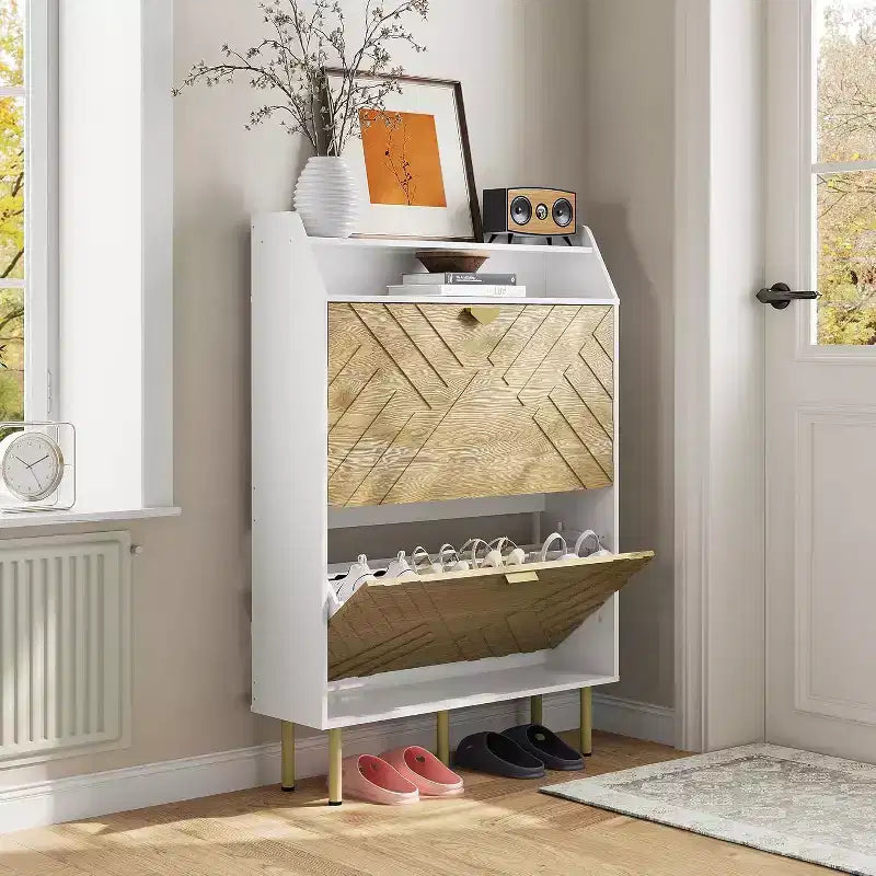 Meuble à chaussures étroit avec 2/3 tiroirs, Organisateur de rangement de chaussures autoportant mince avec finition grain de bois et blanc, Étagère d'entrée cachée avec étagère supérieure