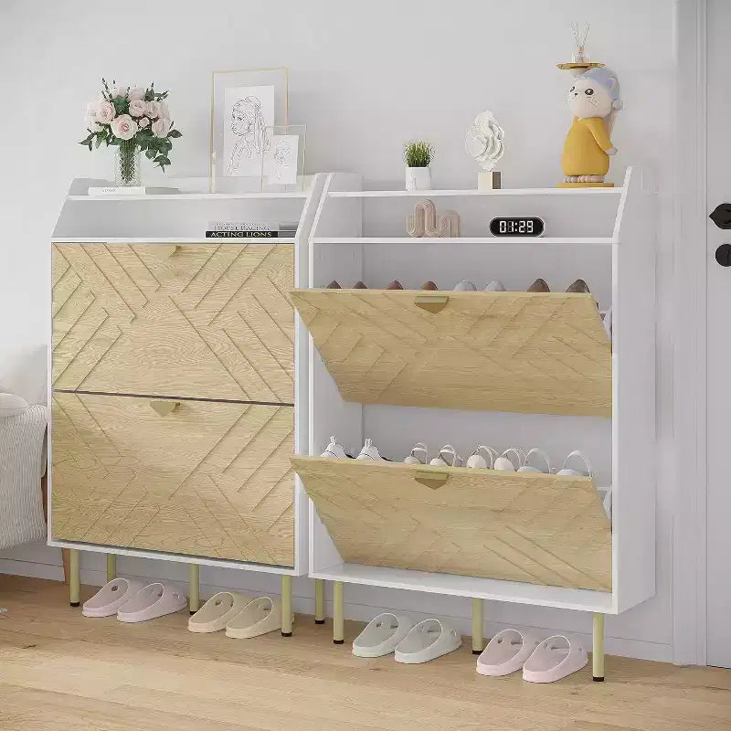 Meuble à chaussures étroit avec 2/3 tiroirs, Organisateur de rangement de chaussures autoportant mince avec finition grain de bois et blanc, Étagère d'entrée cachée avec étagère supérieure