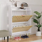 Meuble à chaussures étroit avec 2/3 tiroirs, Organisateur de rangement de chaussures autoportant mince avec finition grain de bois et blanc, Étagère d'entrée cachée avec étagère supérieure