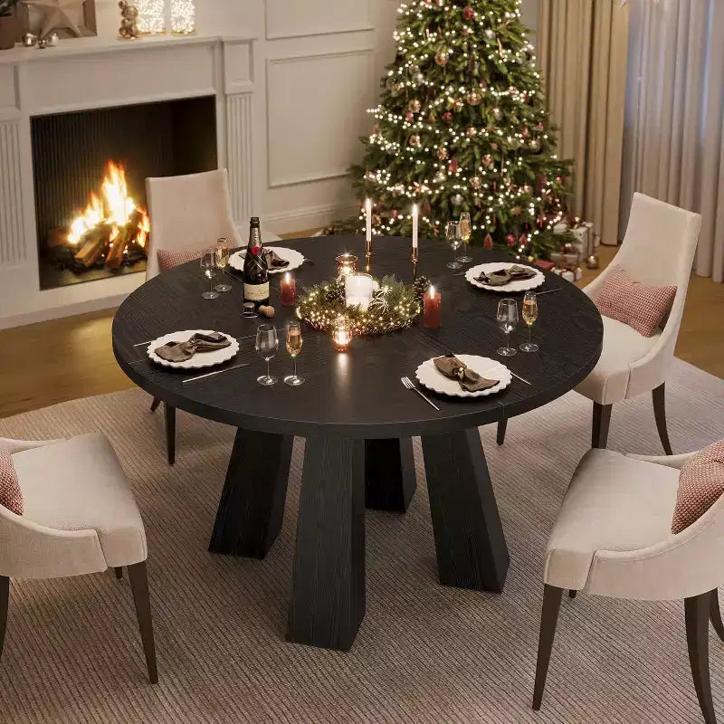 Table à manger ronde pour 4-6 personnes, table de cuisine en bois de 120 cm avec piédestal robuste pour salon, appartement
