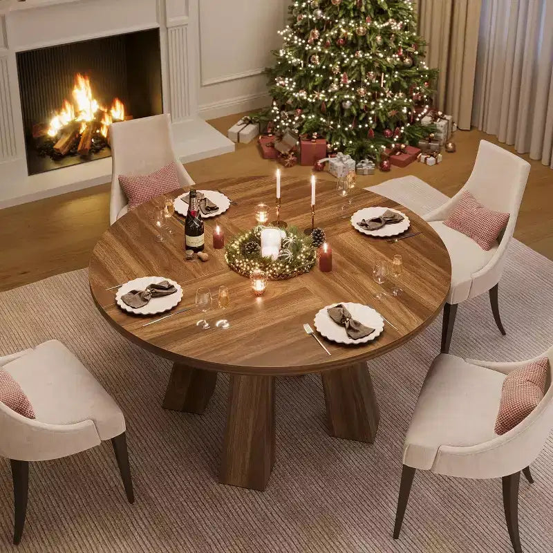 Table à manger ronde pour 4-6 personnes, table de cuisine en bois de 120 cm avec piédestal robuste pour salon, appartement