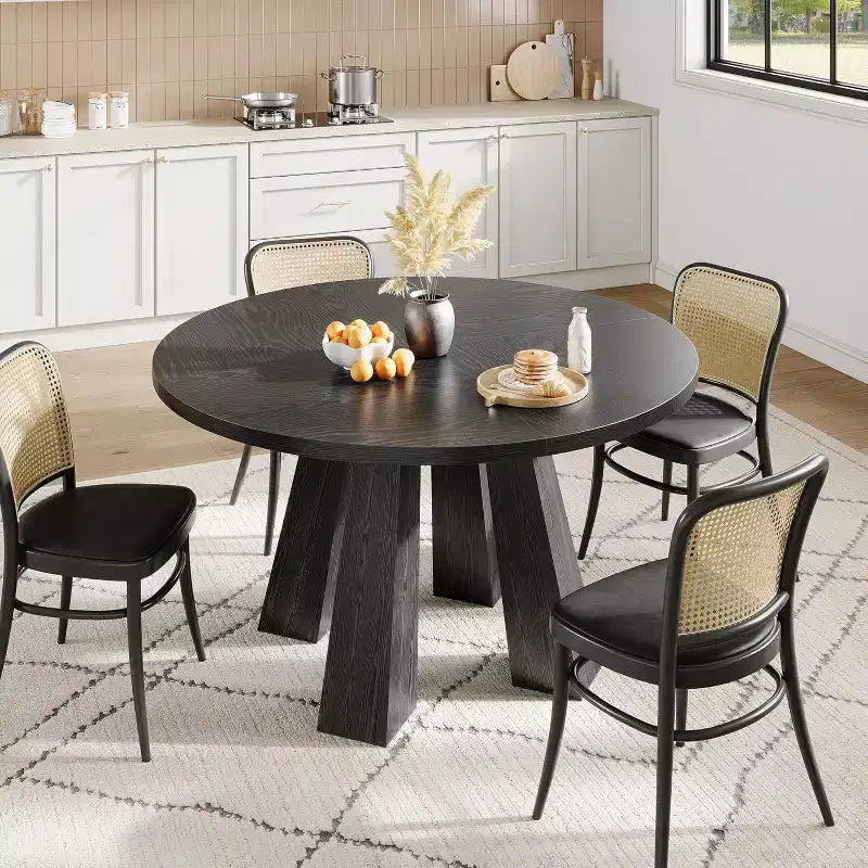 Round Dining Table for 4-6, 47 Wood Kitchen Dinner Table with Sturdy Base Pedestal for Living Room, Apartment