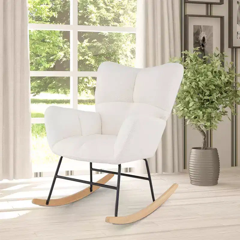 Fauteuil à bascule de puériculture Costway avec dossier et accoudoirs confortables, base en bois massif pour salon