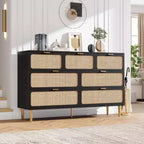 Commode 7 tiroirs en rotin pour chambre à coucher, commode haute avec tiroirs profonds, grande commode pour placard avec plateau large, longue commode en bois