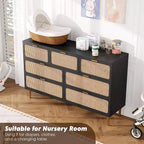 Commode 7 tiroirs en rotin pour chambre à coucher, commode haute avec tiroirs profonds, grande commode pour placard avec plateau large, longue commode en bois