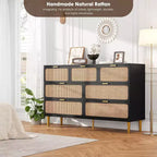 Commode 7 tiroirs en rotin pour chambre à coucher, commode haute avec tiroirs profonds, grande commode pour placard avec plateau large, longue commode en bois