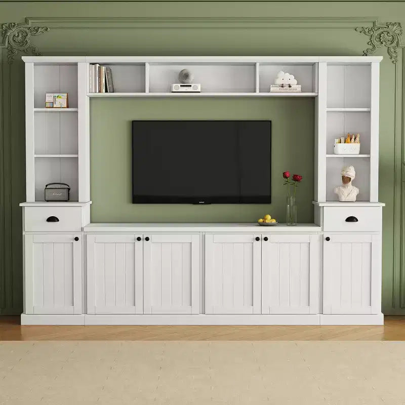 Meuble TV mural avec pont 75, meuble de rangement TV avec étagères, grand meuble média avec étagères réglables