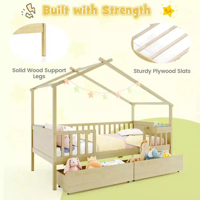 Lit cabane double Costway avec 2 tiroirs de rangement, toit et barrières de sécurité, tête et pied de lit