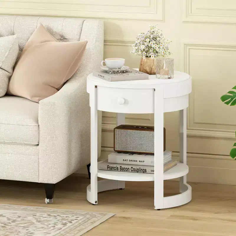 Table de chevet Costway à 2 niveaux avec étagère et tiroir en grain de bois rond blanc/marron