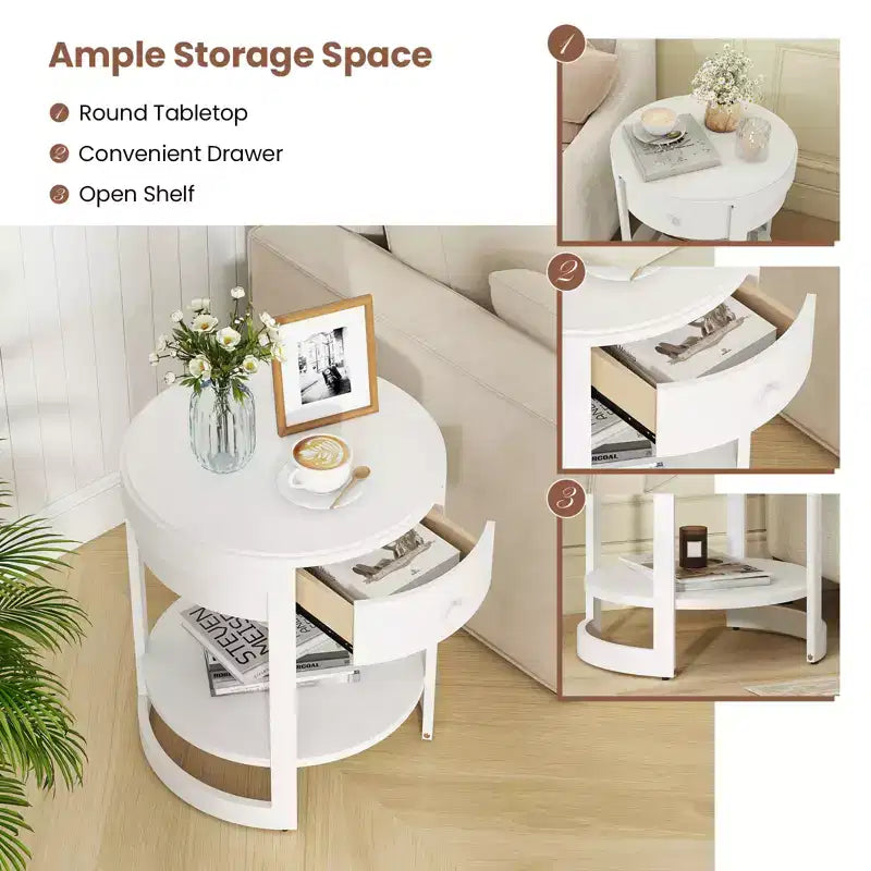 Table de chevet Costway à 2 niveaux avec étagère et tiroir en grain de bois rond blanc/marron