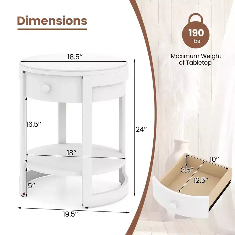 Table de chevet Costway à 2 niveaux avec étagère et tiroir en grain de bois rond blanc/marron