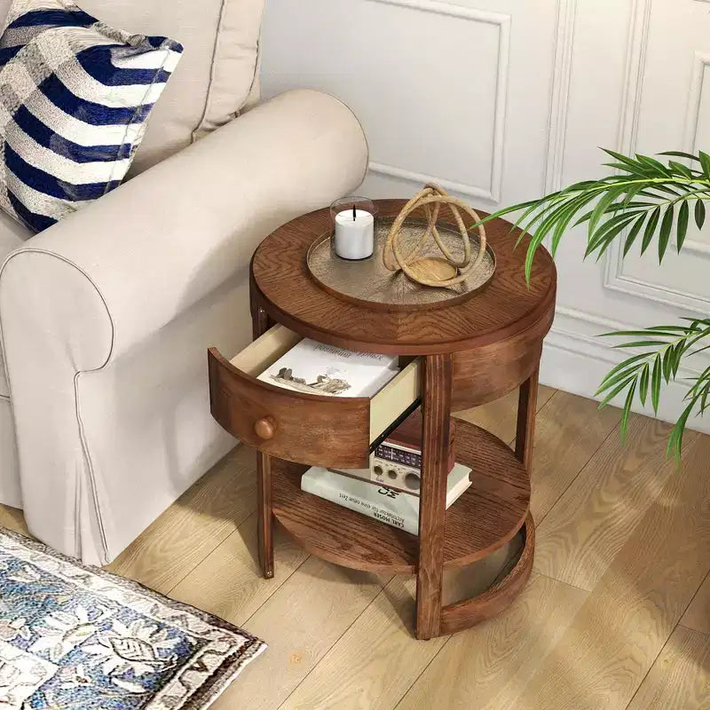 Table de chevet Costway à 2 niveaux avec étagère et tiroir en grain de bois rond blanc/marron