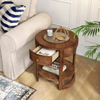 Table de chevet Costway à 2 niveaux avec étagère et tiroir en grain de bois rond blanc/marron