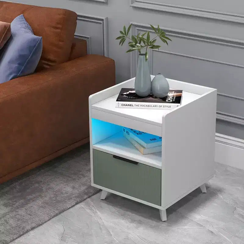 Table de chevet moderne Costway avec lumières LED, compartiment ouvert et tiroir