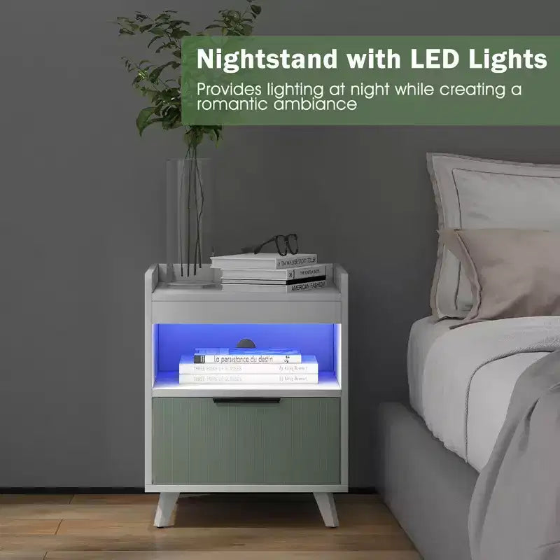 Table de chevet moderne Costway avec lumières LED, compartiment ouvert et tiroir