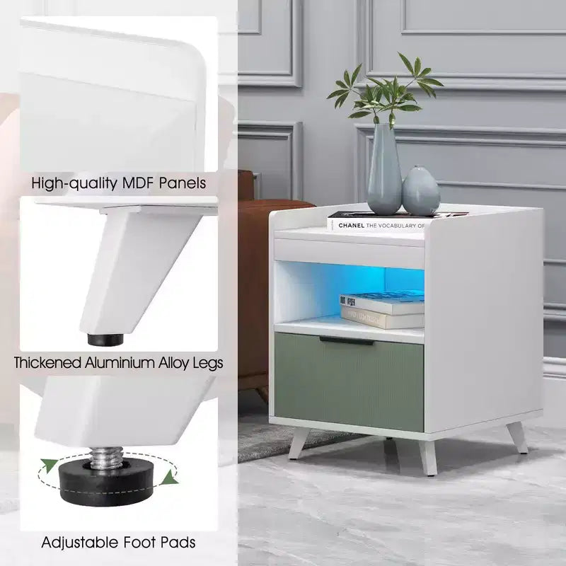 Table de chevet moderne Costway avec lumières LED, compartiment ouvert et tiroir