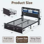 Cadre de lit Queen Size en métal noir avec tiroirs de rangement, tête de lit en bois, étagère, lumières LED, station de recharge, plateforme robuste, pas besoin de sommier, pour chambre à coucher