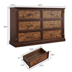 Commode marron à 6 tiroirs pour chambre à coucher, grande commode double de style fermier avec poignées en métal, commode rustique en bois pour salon, couloir