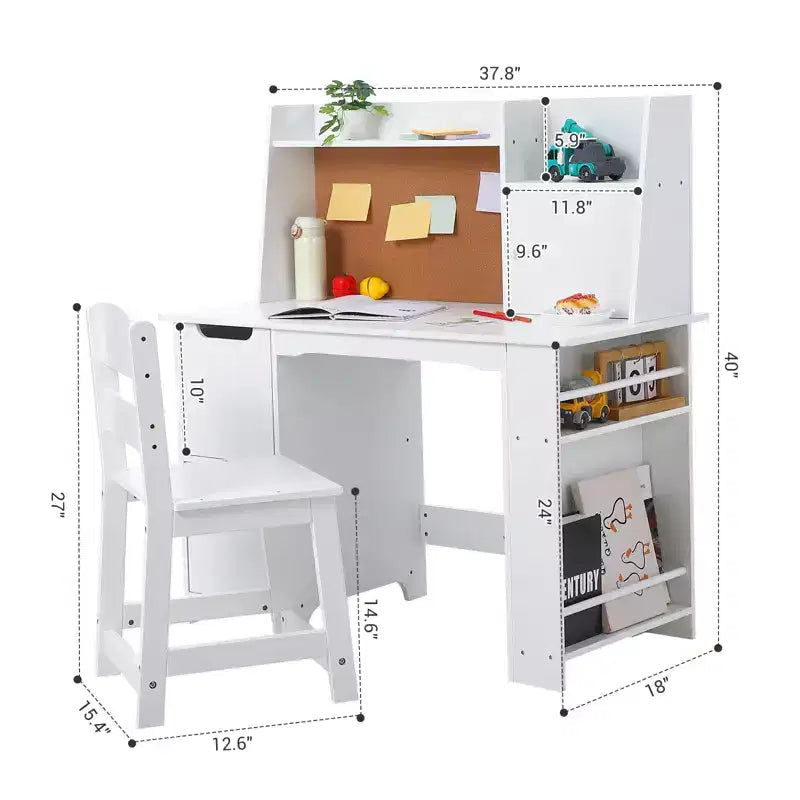 Ensemble bureau et chaise pour enfant avec huche, table d'étude en bois avec étagère, rangement et tableau en liège, bureau d'écriture pour enfants pour l'école à la maison, blanc