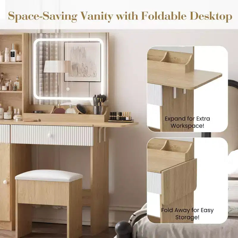 Coiffeuse GustoWave avec miroir, panneau pliable, chaise de rangement, tiroir et étagères, ensemble de coiffeuse compact pour chambre, bois naturel