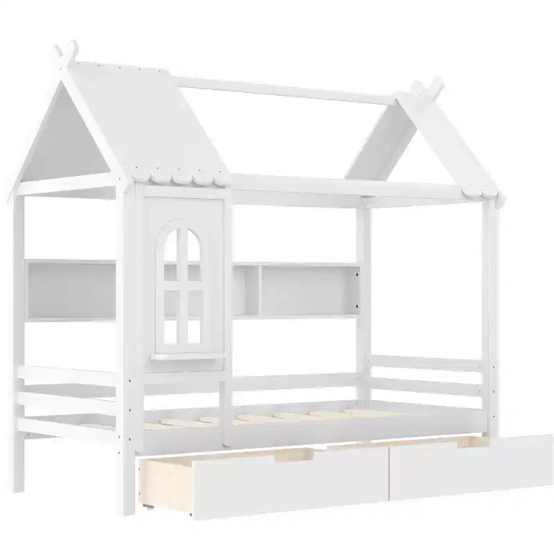 Lit cabane jumeau/double en bois massif avec tiroirs/étagères de rangement, design de fenêtre enfantin - ModernLuxe