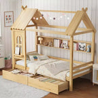 Lit cabane jumeau/double en bois massif avec tiroirs/étagères de rangement, design de fenêtre enfantin - ModernLuxe