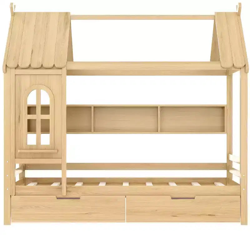 Lit cabane jumeau/double en bois massif avec tiroirs/étagères de rangement, design de fenêtre enfantin - ModernLuxe