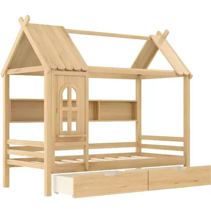 Lit cabane jumeau/double en bois massif avec tiroirs/étagères de rangement, design de fenêtre enfantin - ModernLuxe