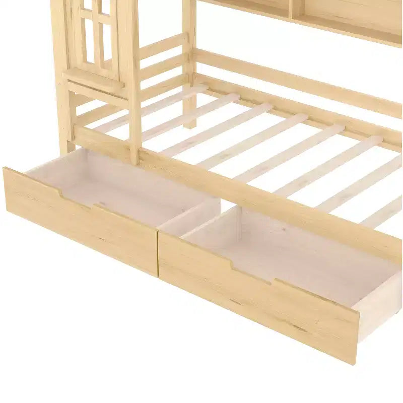 Lit cabane jumeau/double en bois massif avec tiroirs/étagères de rangement, design de fenêtre enfantin - ModernLuxe