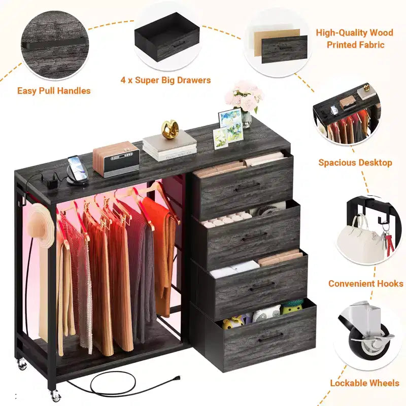 Besiost Portant à Vêtements, Commodes avec Station de Charge et Lumière LED, Commode à 4 Tiroirs pour Chambre à Coucher