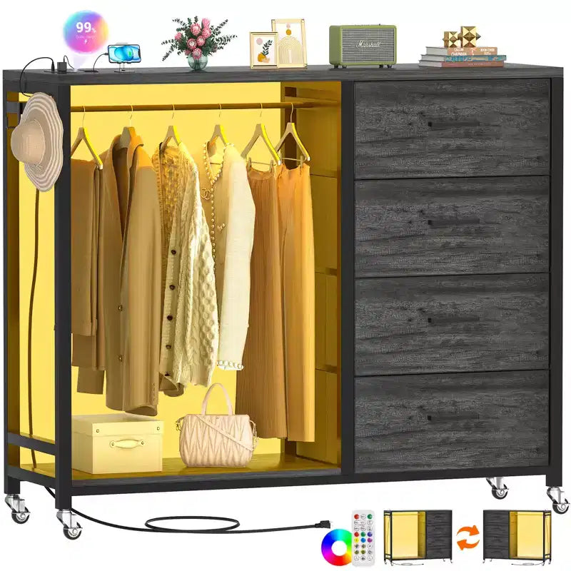 Besiost Portant à Vêtements, Commodes avec Station de Charge et Lumière LED, Commode à 4 Tiroirs pour Chambre à Coucher