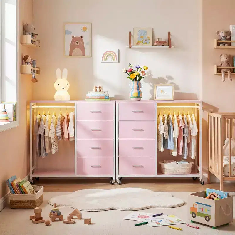 Besiost Portant à Vêtements, Commodes avec Station de Charge et Lumière LED, Commode à 4 Tiroirs pour Chambre à Coucher