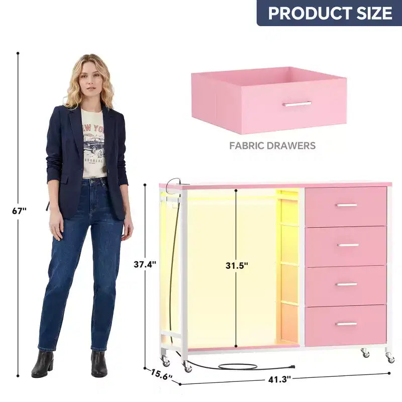 Besiost Portant à Vêtements, Commodes avec Station de Charge et Lumière LED, Commode à 4 Tiroirs pour Chambre à Coucher