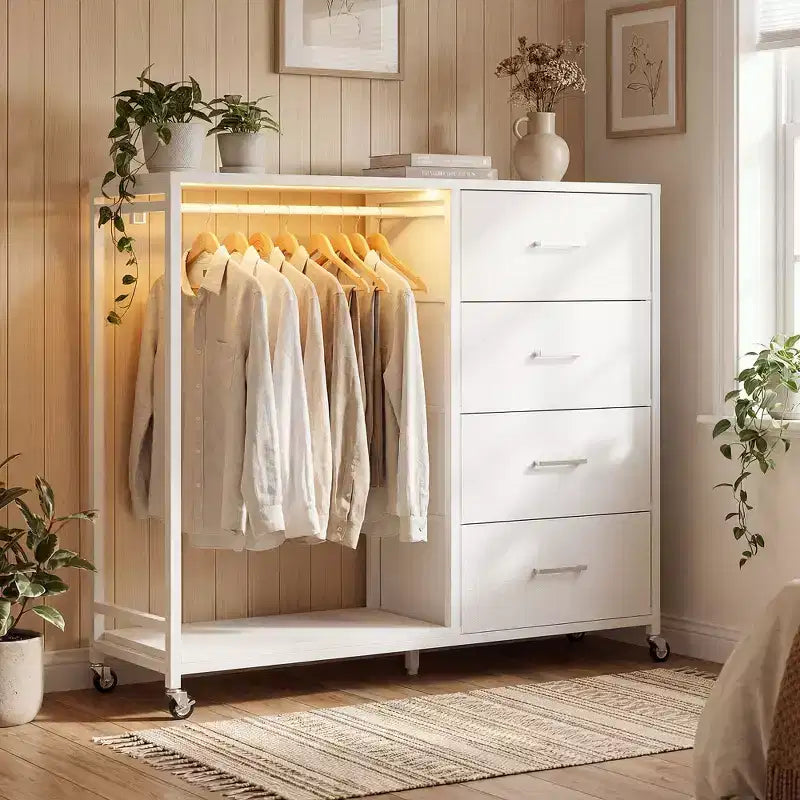 Besiost Portant à Vêtements, Commodes avec Station de Charge et Lumière LED, Commode à 4 Tiroirs pour Chambre à Coucher
