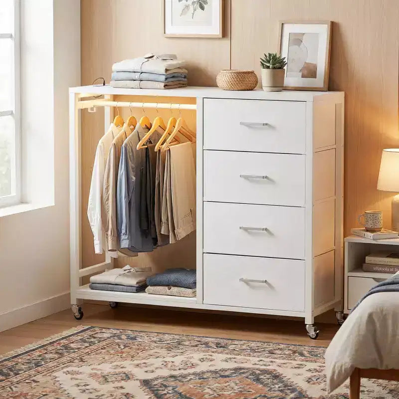 Besiost Portant à Vêtements, Commodes avec Station de Charge et Lumière LED, Commode à 4 Tiroirs pour Chambre à Coucher