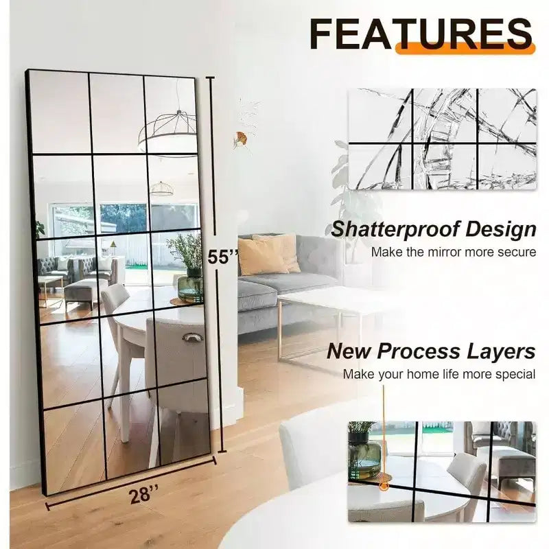 Miroir mural à cadre en métal noir de 28 x 55 pouces pour chambre, salon, entrée, décoratif, style fenêtre, fixation murale