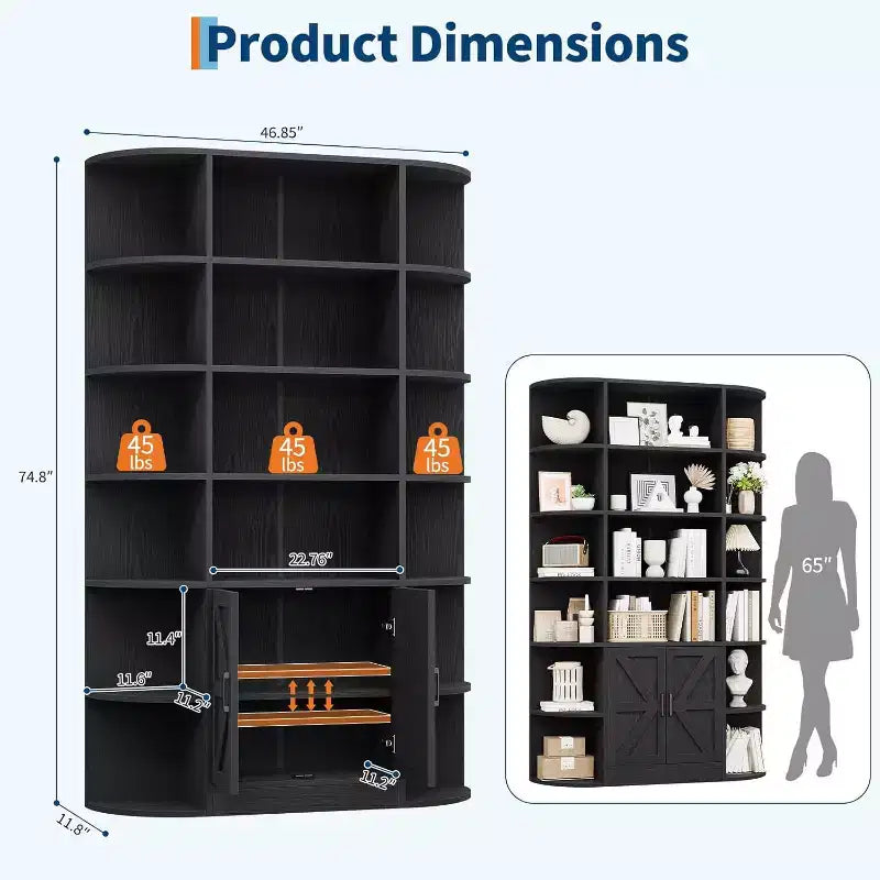 COZONY Étagère à Livres 6 Niveaux de 190 cm avec Meuble de Rangement et Portes, Large Organisateur et Étagère d'Exposition Grise pour Chambre, Salon, Bureau à Domicile