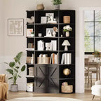COZONY Étagère à Livres 6 Niveaux de 190 cm avec Meuble de Rangement et Portes, Large Organisateur et Étagère d'Exposition Grise pour Chambre, Salon, Bureau à Domicile