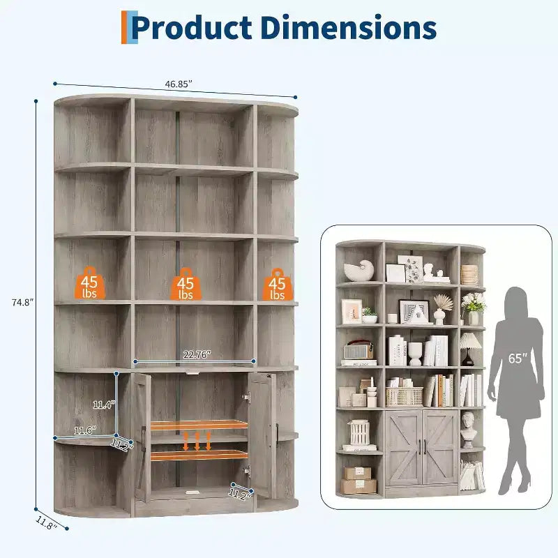 COZONY Étagère à Livres 6 Niveaux de 190 cm avec Meuble de Rangement et Portes, Large Organisateur et Étagère d'Exposition Grise pour Chambre, Salon, Bureau à Domicile