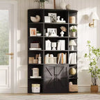 COZONY 75 Tall 6-Tier Wooden Bookshelf with Storage Cabinet & Doors, Grey Wide Organizer and Display Shelf for Bedroom, Living Room, Home Office