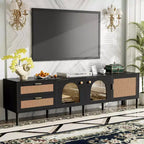 Meuble TV en rotin MAYEERTY avec 3 placards et 2 tiroirs, Meuble TV console inspiré du rotin pour téléviseurs jusqu'à 80 pouces, Meuble TV pour salon, Noir