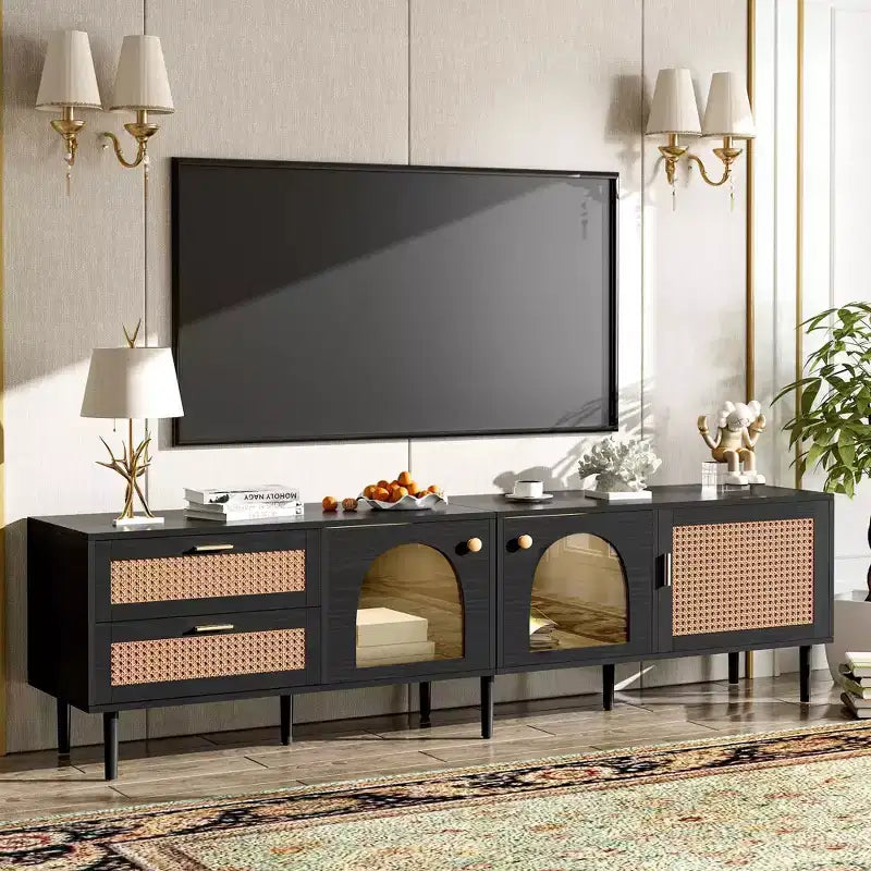 Meuble TV en rotin MAYEERTY avec 3 placards et 2 tiroirs, Meuble TV console inspiré du rotin pour téléviseurs jusqu'à 80 pouces, Meuble TV pour salon, Noir