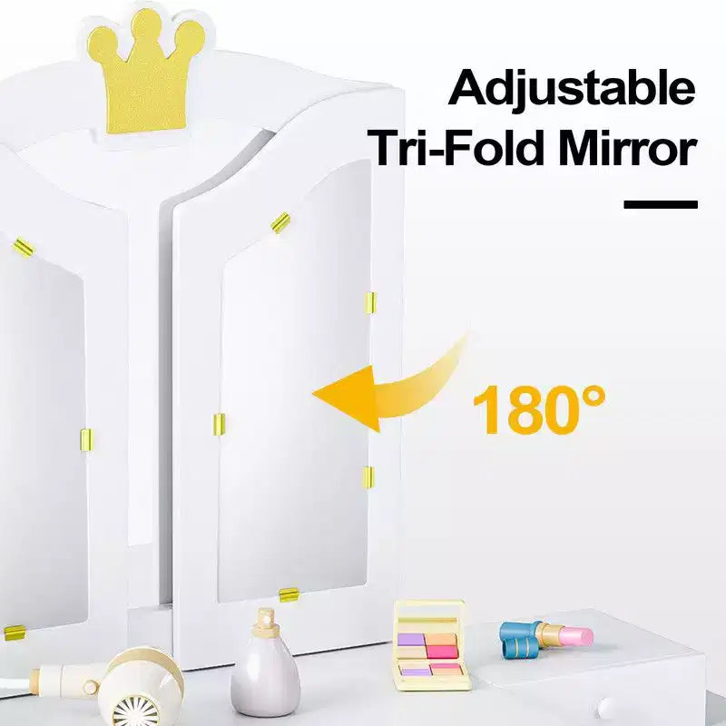 Table et Chaise de Coiffeuse pour Enfants Karl Home, Meuble de Rangement Coiffeuse Filles 2 en 1 avec Miroir Triptyque