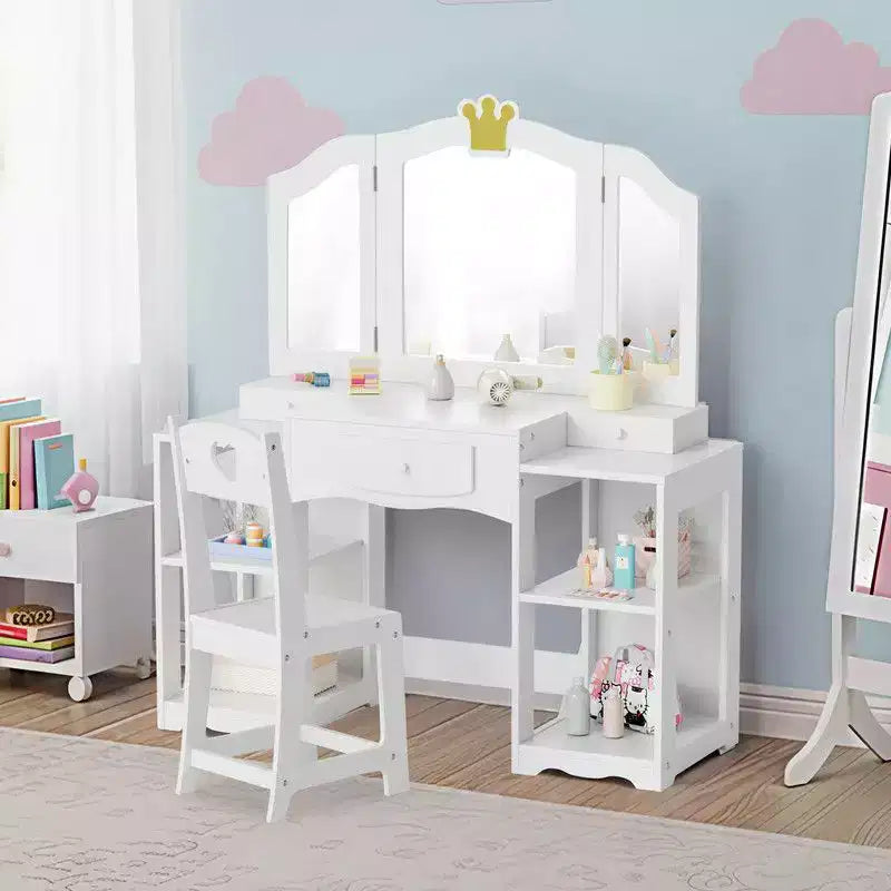 Table et Chaise de Coiffeuse pour Enfants Karl Home, Meuble de Rangement Coiffeuse Filles 2 en 1 avec Miroir Triptyque