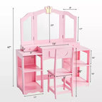 Table et Chaise de Coiffeuse pour Enfants Karl Home, Meuble de Rangement Coiffeuse Filles 2 en 1 avec Miroir Triptyque