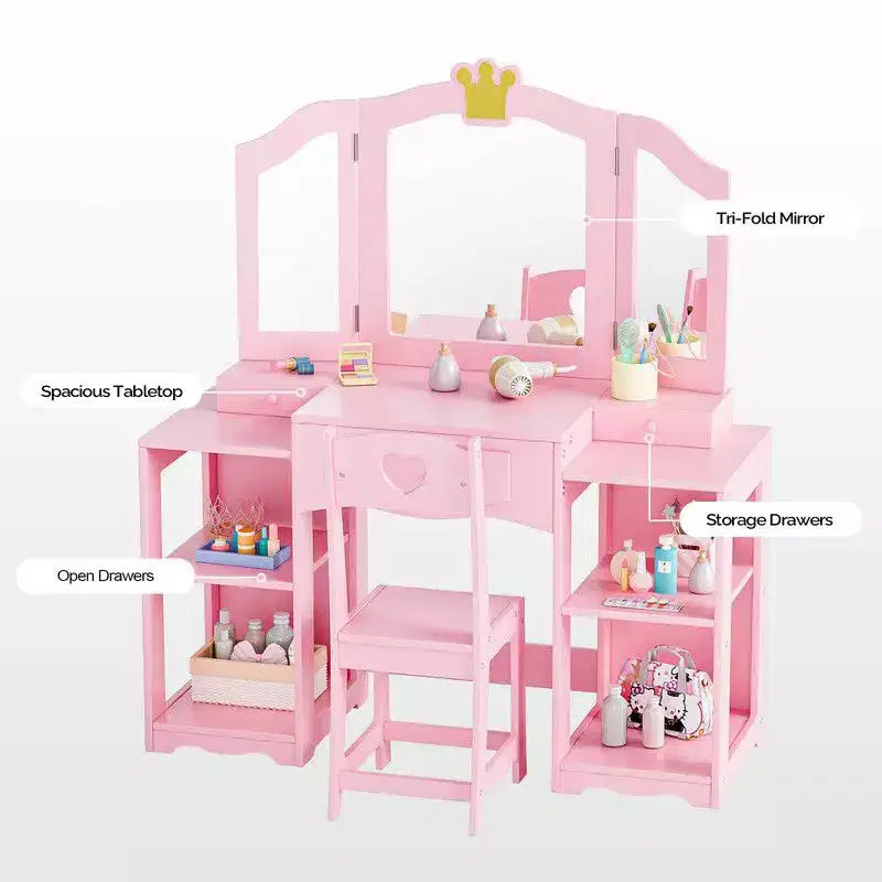 Table et Chaise de Coiffeuse pour Enfants Karl Home, Meuble de Rangement Coiffeuse Filles 2 en 1 avec Miroir Triptyque